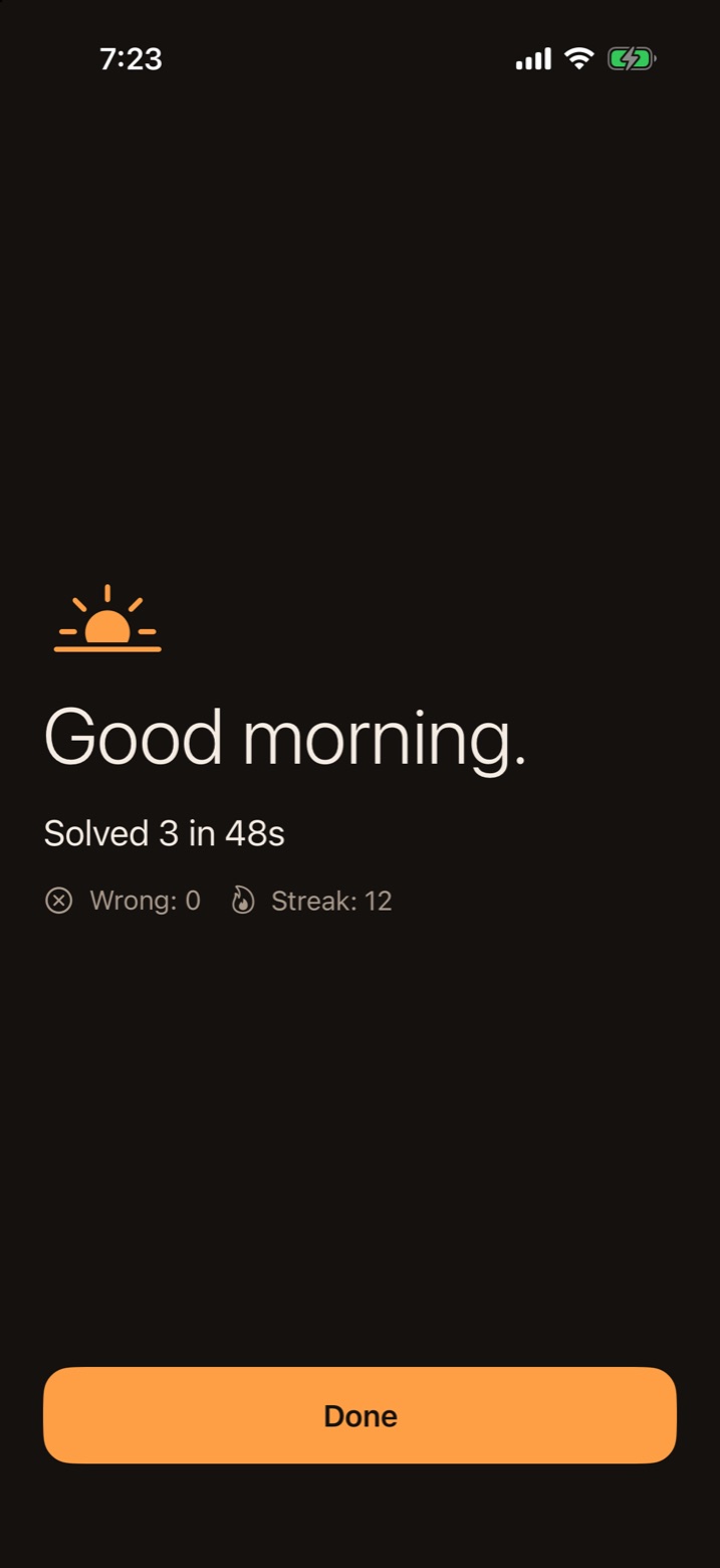 SolveWake's good morning screen: solved 3 in 48 seconds, streak 12.