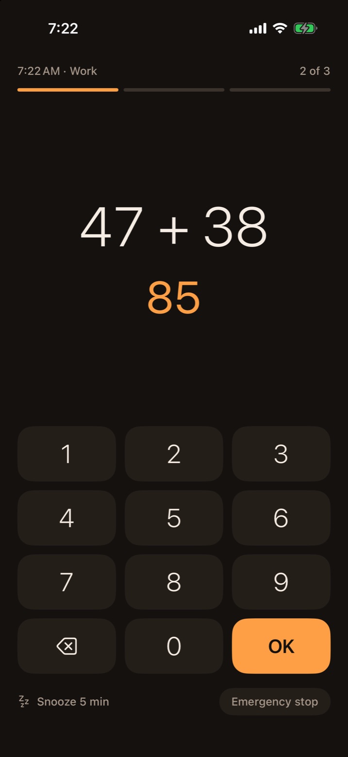 SolveWake's solve screen showing 47 + 38 with the answer 85 typed in, problem 2 of 3.