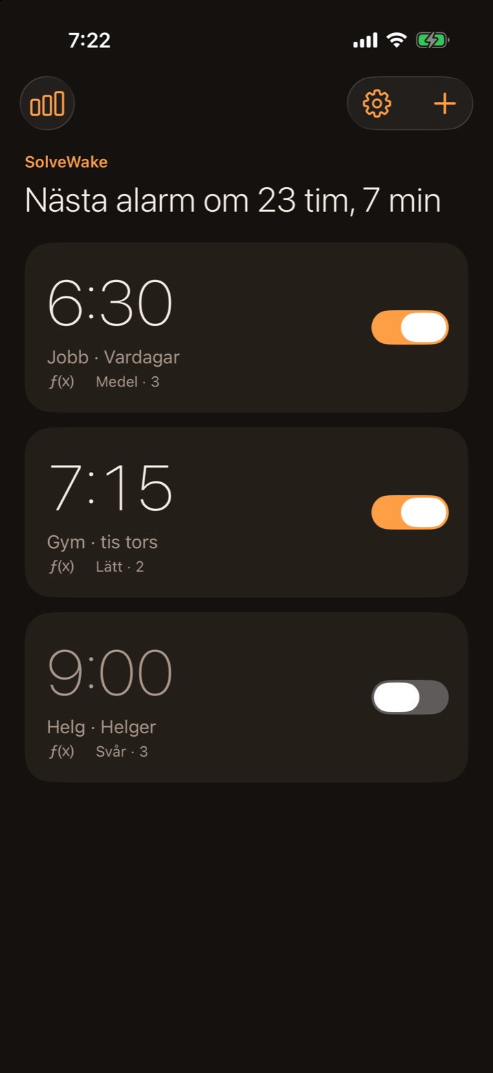 SolveWakes alarmlista med alarm 6:30, 7:15 och 9:00.