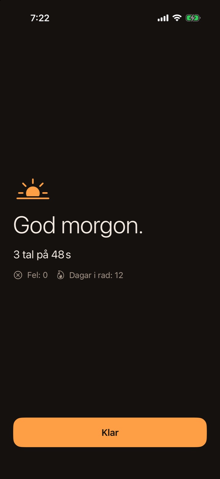 SolveWakes God morgon-skärm: 3 tal på 48 sekunder, 12 dagar i rad.